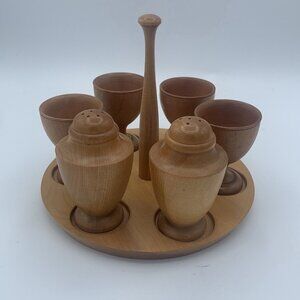 Wooden Egg Cup Set with Salt & Pepper Shakers - Mid-Century Modern